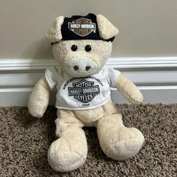 HARLEY DAVIDSON STUFFED PIG, White T Shirt - Logo, Black Bandana - Logo - 2012 - Picture 1 of 11